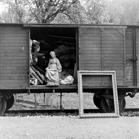 View of a train boxcar, through the open door of which can be seen some of the art collection looted by the Nazis and Hermann Goering, near Berchtesgaden, Germany, 1945. (Photo by William Vandivert/The LIFE Images Collection/Getty Images)