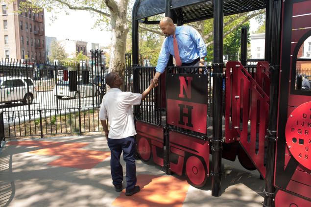 If the plan for new Bronx Borough President Ruben Diaz Jr. greets a constituent at a Bronx park (Photo: Aaron Adler for Observer)