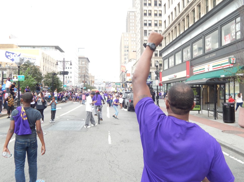 The arrival downtown of "The Mighty South Ward" led by the Mayor.