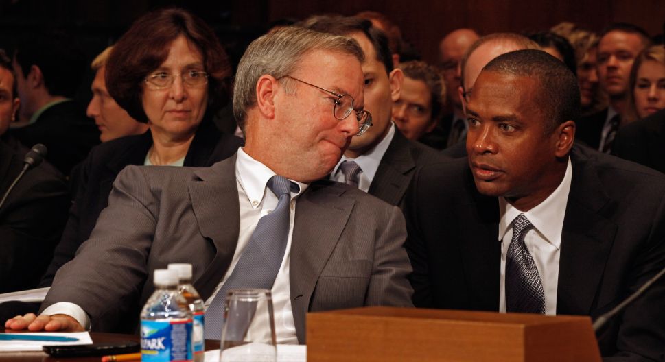 WASHINGTON, DC - SEPTEMBER 21: Google Executive Chairman Eric Schmidt (C) hears from Google Chief Legal Officer David Drummond (R) while testifying before the Senate Judiciary Committee's Antitrust, Competition Policy and Consumer Rights Subcommittee on Capitol Hill September 21, 2011 in Washington, DC. Schmidt faced questions from the subcommittee members about Google, the world's most successful Internet company, and whether it is using its market dominance to squeeze out competitors. (Photo by Chip Somodevilla/Getty Images)
