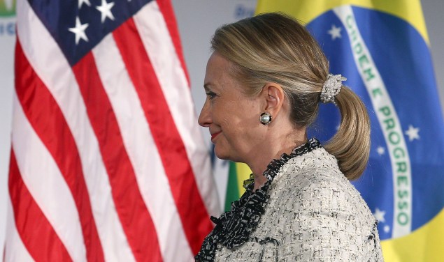 WASHINGTON, DC - APRIL 09: Secretary of State Hillary Clinton walks away after speaking about Brazil at the U.S. Chamber of Commerce, on April 9, 2012 in Washington, DC. Secretary Clinton talked about the strong trade partnership between the United States and Brazil. (Photo by Mark Wilson/Getty Images)