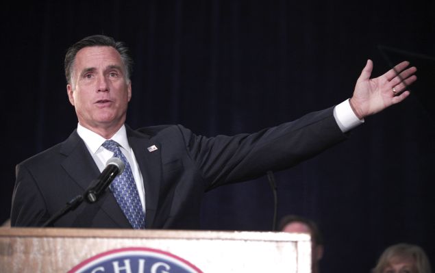 LIVONIA, MI - OCTOBER 2: Former Republican presidential candidate and former Massachusetts Governor Mitt Romney, delivers remarks during a "CoMITT to the Comeback" rally for Michigan republican candidates October 2, 2014 in Livonia, Michigan. Among the Michigan candidates in attendance were U.S. Senate Candidate Terri Lynn Land, Lt. Gov. Brian Calley, Attorney General Bill Schuette, and Secretary of State Ruth Johnson. (Photo by Bill Pugliano/Getty Images)