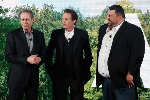 NEW YORK, NY - APRIL 28: (L-R) Actors Steve Buscemi, Michael Buscemi, and Gino Orlando appear on stage during the AOL 2015 Newfront on April 28, 2015 in New York City. (Photo by Brian Ach/Getty Images for AOL)