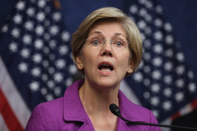 WASHINGTON, DC - JULY 21:  Sen. Elizabeth Warren (D-MA) delivers remarks during a news conference on the fifth anniversary of the Dodd-Frank Wall Street Reform and Consumer Protection Act at the U.S. Capitol Visitors Center July 21, 2015 in Washington, DC. Before being elected to the U.S. Senate, Warren helped craft the legislation that created the Consumer Financial Protection Bureau which has helped return $10 billion to 17 million consumers since it was created in 2011. (Photo by Chip Somodevilla/Getty Images)
