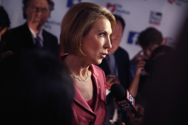 Rebulican presidential candidate Carly Fiorina fields questions from the press following a presidential forum hosted by FOX News and Facebook at the Quicken Loans Arena August 6, 2015 in Cleveland, OH. (Scott Olson/Getty Images)
