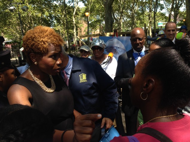 NYCHA Chairwoman Shola Olatoye tries to defend her policies from residents (Photo: Will Bredderman/New York Observer).
