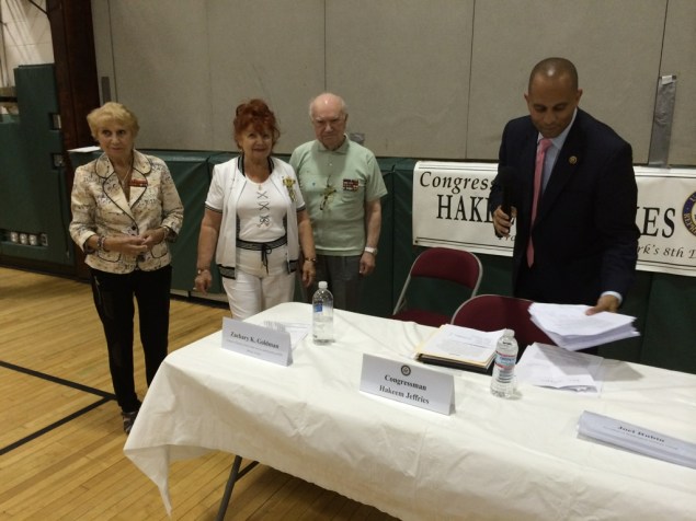 Ex-Soviet World War II veterans present petitions against the Iran deal to Congressman Hakeem Jeffries (Photo: Will Bredderman for Observer).