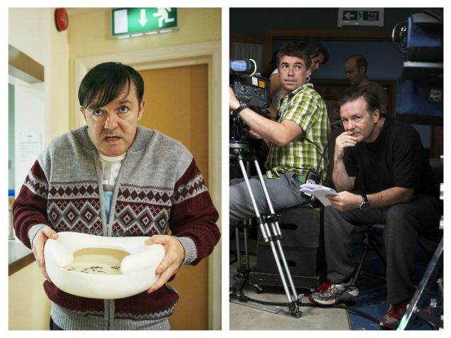 From left: Ray Burmiston/ Netflix; Neale Haynes/ Netflix. Mr Gervais is nominated for an Emmy for his role in Derek, which he also directed, seen in the states on Netflix.