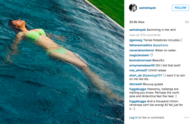 Salma Hayek Pinault went for a rainy swim. (Photo: Instagram/Salma Hayek Pinault)