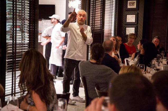 Chef Alex Atala, of D.O.M., center, talks to guests at Eataly's Fifth Birthday Bash. Photograph by Michael Nagle for Observer.