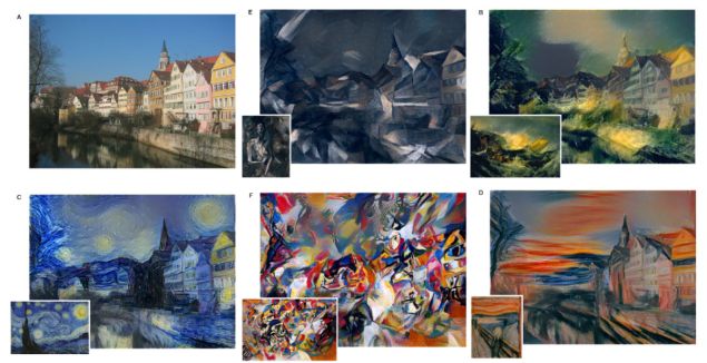 One image (top left) turned into five different masterwork styles, b. JMW Turner, c. Vincent van Gogh, d. Edvard Munch, e. Pablo Picasso, f. Vassily Kandinsky. (Photo: Courtesy of Werner Reichardt Centre for Integrative Neuroscience and Institute of Theoretical Physics and the University of Tu ̈bingen, Germany)