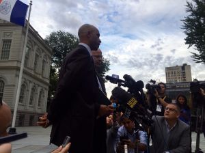 Tennis player James Blake speaks to the press outside City Hall. (Photo: Jillian Jorgensen for Observer)