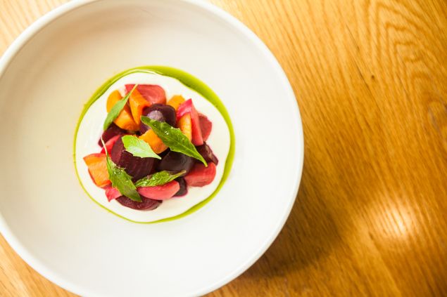 Beets with charred corn garlic scape and farmers cheese. (Photo: Emily Assiran/For Observer)
