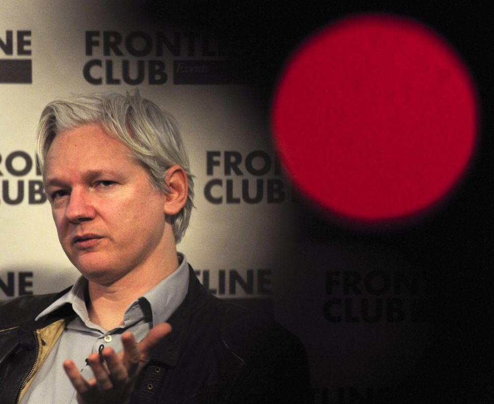 WikiLeaks founder Julian Assange talks during a press conference in central London on February 27, 2012. Whistleblowing website WikiLeaks on February 27 began publishing more than five million confidential emails from US-based intelligence firm Stratfor, the anti-secrecy group said. AFP PHOTO / CARL COURT (Photo credit should read CARL COURT/AFP/Getty Images)