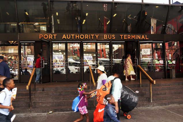 NEW YORK, NY - AUGUST 21: An entrance to the Port Authority Bus Terminal is viewed on August 21, 2014 in New York City. The Port Authority Bus Terminal, which opened in 1950, is New York City's largest bus depot and has long been derided as dirty and inefficient. Leaking ceilings, unsanitary bathrooms, late buses and a long standing problem with the homeless have added to the terminals reputation. While many commuters and transportation advocates are rallying for a new terminal, the Port Authority of New York and New Jersey has announced that they agency plan to spend up to $260 million on maintenance in the coming years. (Photo by Spencer Platt/Getty Images)