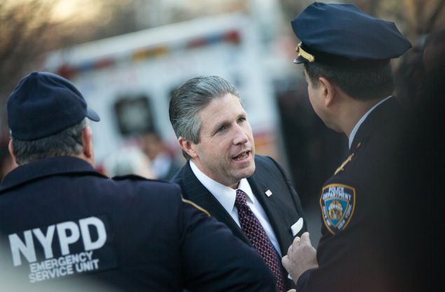 NEW YORK, NY - DECEMBER 26: PBA president Patrick Lynch outside Christ Tabernacle Church prior to his wake on December 26, 2014 in the Glendale neighborhood of the Queens borough of New York City. Ramos was killed along with NYPD officer Wenjian Liu as they sat in their patrol car on December 20. (Photo by Andrew Theodorakis/Getty Images)