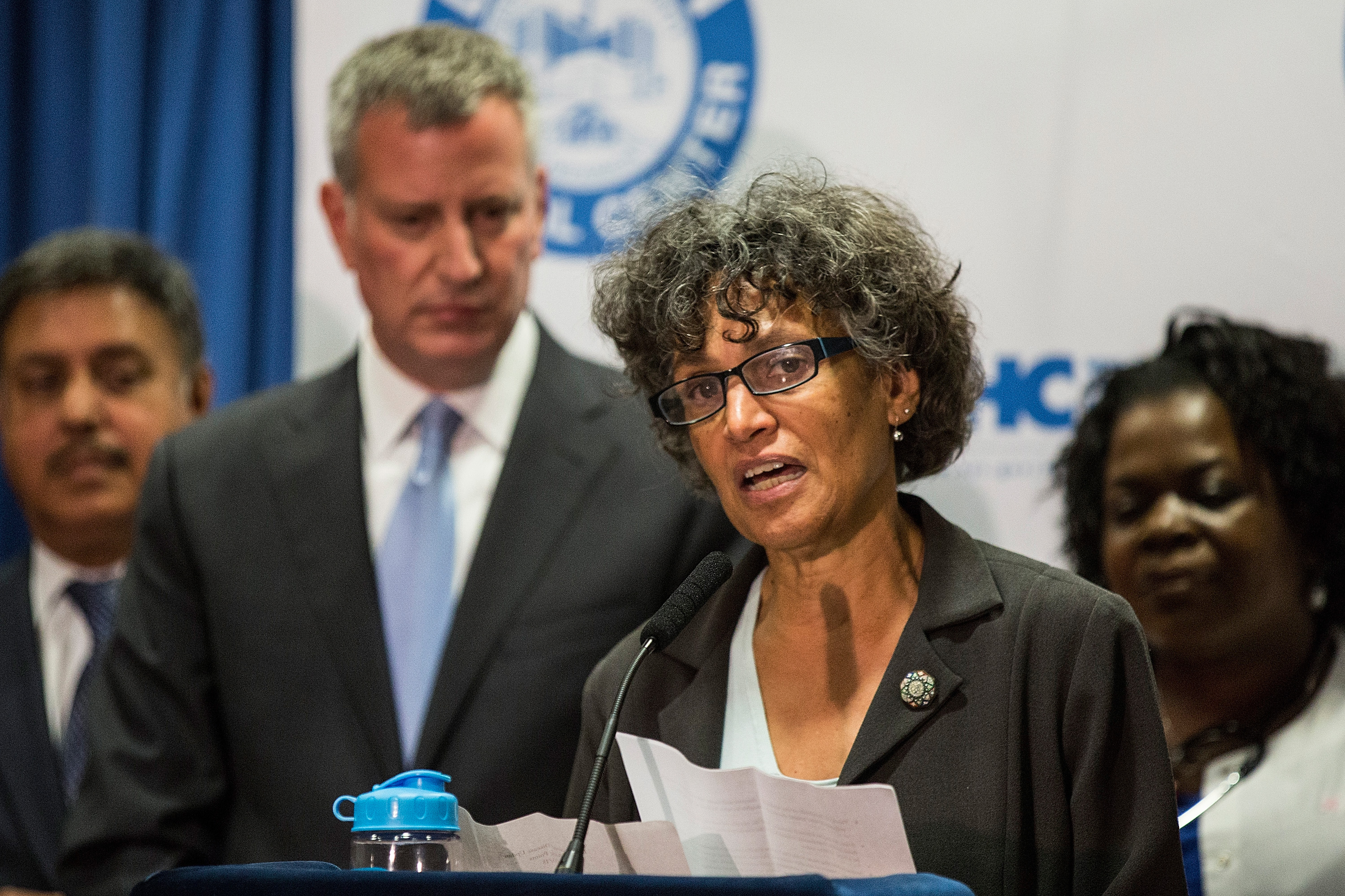 New York City Mayor Bill de Blasio and Dr. Mary Bassett, Commissioner of the New York City Department of Health (Photo by Andrew Burton/Getty Images)