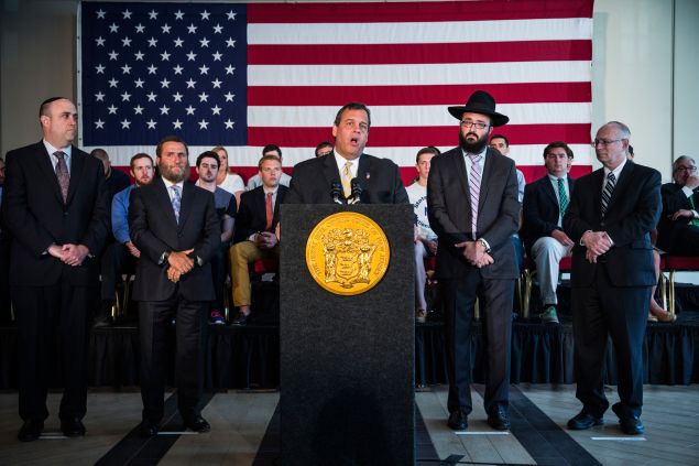 NEW BRUNSWICK, NJ - AUGUST 25: New Jersey Governor and Republican presidential hopeful Chris Christie speaks at Chabad House at Rutgers University to express his opposition to President Obama's Iran deal on August 25, 2015 in New Brunswick, New Jersey. Christie also encouraged U.S. Senator Cory Booker (D-NJ) to oppose the deal. (Photo by Andrew Burton/Getty Images)