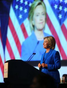 MINNEAPOLIS, MN - AUGUST 28: Democratic Presidential candidate Hillary Clinton speaks at the Democratic National Committee summer meeting on August 28, 2015 in Minneapolis, Minnesota. Most of the Democratic Presidential candidates including Clinton, Bernie Sanders , Martin O'Malley and Lincoln Chafee are attending at the event. (Photo by Adam Bettcher/Getty Images)