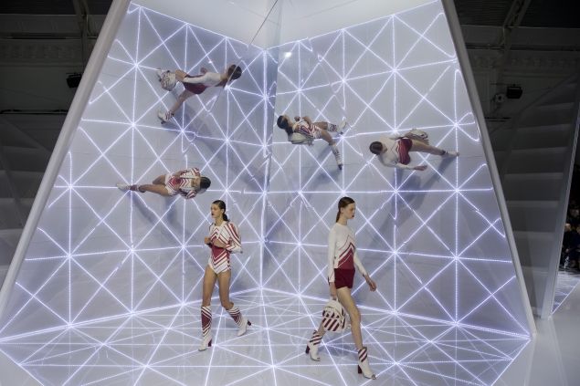 The geometric set and the geometric clothes at Anya Hindmarch (Photo: Justin Tallis/AFP/Getty Images).