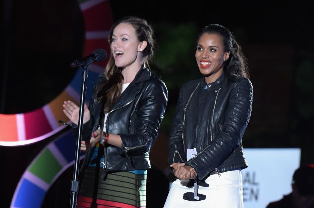 Olivia Wilde and Kerry Washington don matching leather jackets for the Global Citizens Festival (Photo: Getty Images).
