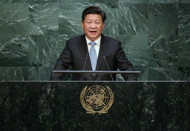 NEW YORK, NY - SEPTEMBER 28: Chinese President Xi Jinping addresses the UN General Assembly on September 28, 2015 in New York City. World leaders gathered for the 70th session of the annual meeting. (Photo by John Moore/Getty Images)