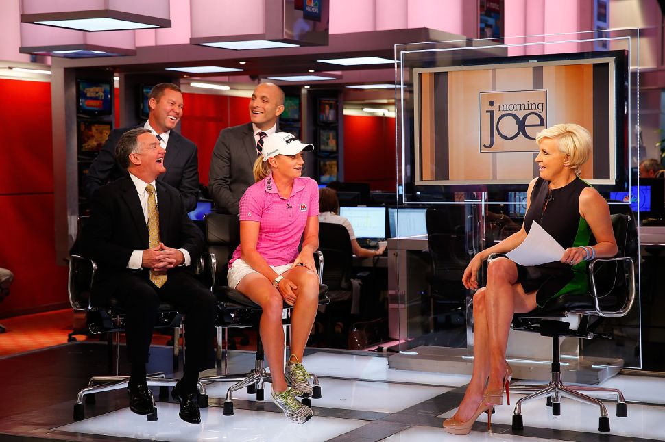 NEW YORK, NY - MAY 29: Mike Whan, Commissioner, LPGA Tour, John Veihmeyer, Chairman, KPMG, Stacy Lewis, LPGA Professional, Pete Bevacqua, CEO, PGA of America Mike McCarley, President, Golf Channel appear on MSNBC Morning Joe with Mika Brzezinski to announcement of KPMG Women's PGA Championship on May 29, 2014 at the NBC Studios in New York City. (Photo by Mike Stobe/Getty Images for KPMG)