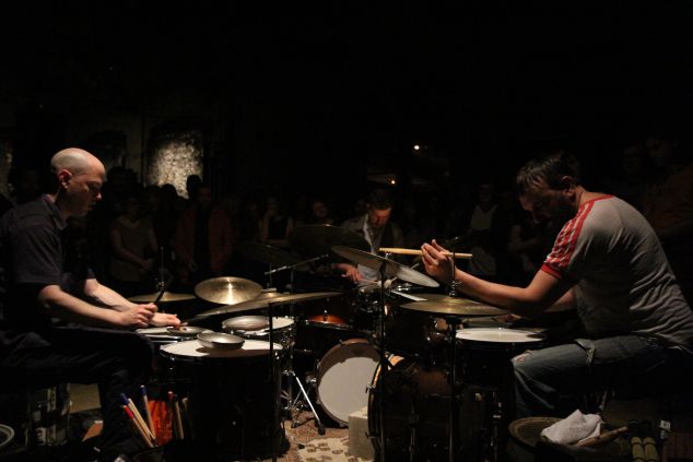 Triangle Trio featuring (L-R) Chris Corsano, Otto Hauser, Ryan Sawyer (Justin Joffe for Observer)