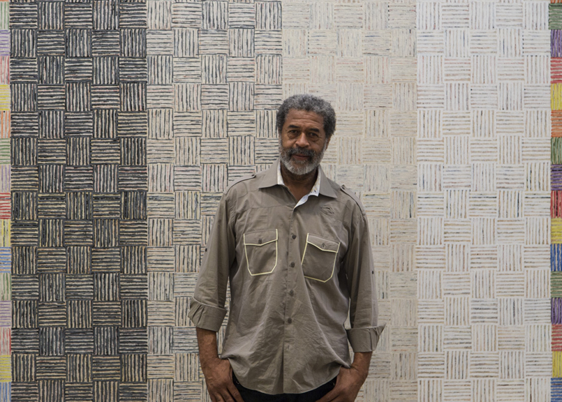 McArthur Binion in front of DNA: Study: 84 x 84 inches. (Photo: Courtesy of McArthur Binion and Galerie Lelong, New York)