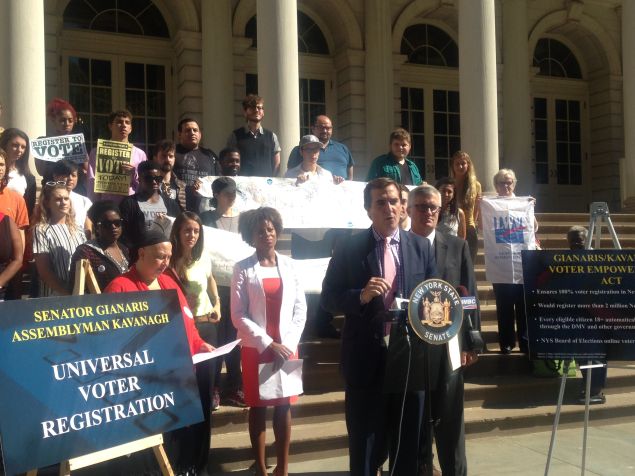 State Senator Michael Gianaris and Assemblyman Brian Kavanagh with advocates today (Photo: Will Bredderman for Observer).