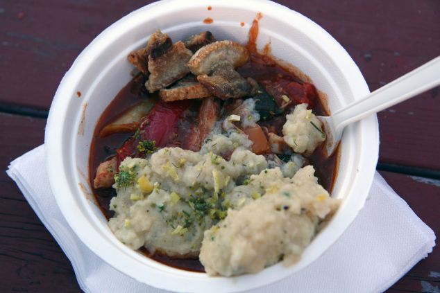 Basilica Soundscape's food and drink selections are localy sourced, including these Romanian style chicken and dumplings from Alimentary Kitchen (Justin Joffe for Observer)