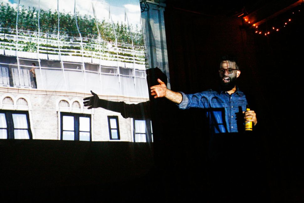 Jason Green speaking to his guests at the Edenworks harvest party, at the company's HQ on Johnson Avenue. (Photo: Brady Dale for Observer)