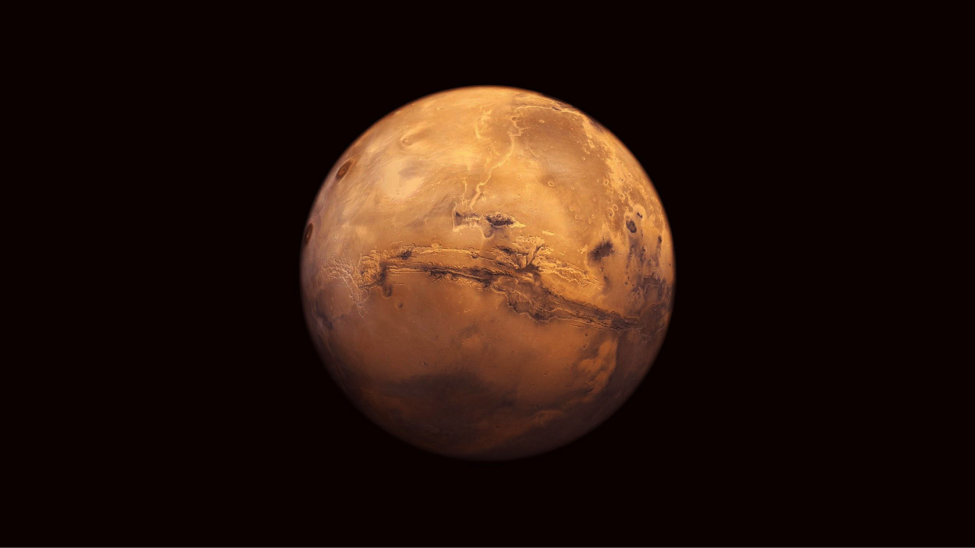 Mosaic of the Valles Marineris hemisphere of Mars projected into point perspective, a view similar to that which one would see from a spacecraft. Credit: NASA/JPL
