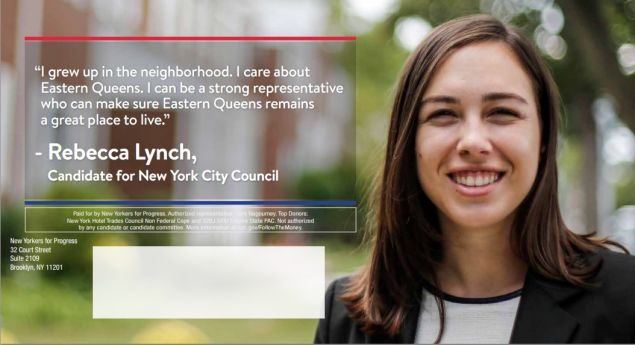 The front side of a new mailer spent by an outside group on Rebecca Lynch.