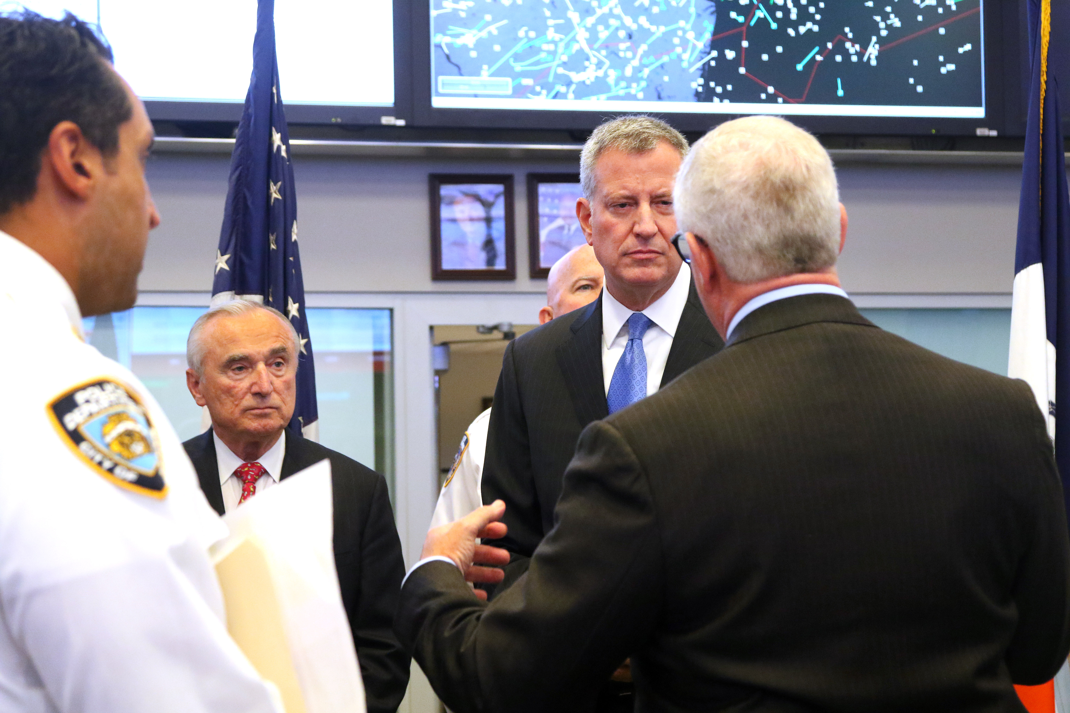 New York City Mayor Bill de Blasio and NYPD Commissioner William J. Bratton were briefed by NYPD Deputy Commissioner of Intelligence and Counter-Terrorism John Miller regarding security preparation of 'Visit of Pope Francis' during M.A.C.C. Exercise (Multi-Agency Coordination Center Exercise) at Joint Operations Center at New York City Police Headquarters. (Pool photo: Chang W. Lee/The New York Times)