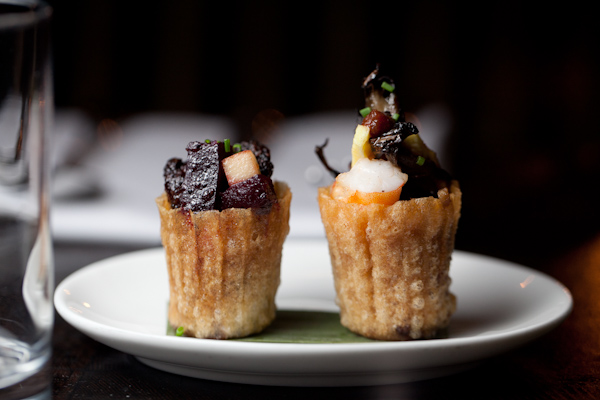 Quih Pie Tee: Hen of the Woods Mushrooms, Shrimp, Jicama, Foie Gras, Beet, and Pear