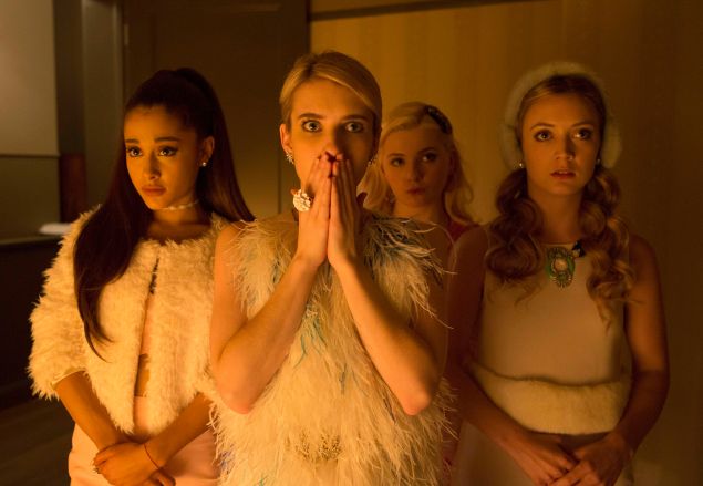 SCREAM QUEENS: Chanels on SCREAM QUEENS premiering September 2015 on FOX. ©2015 Fox Broadcasting Co. Pictured L-R: guest-star Ariana Grande, Emma Roberts, Abigail Breslin and Billie Lourd. CR: Steve Dietl/FOX