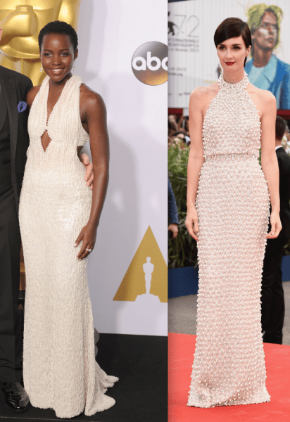 A side-by-side comparison of the dresses. (Photos: Patrick McMullan, Getty Images)