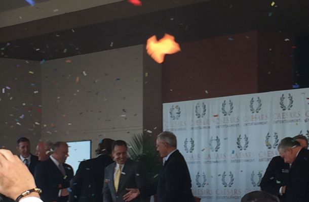 Sweeney, Whelan and Guardian dodging the confetti at Thursday's ceremony at Harrah's
