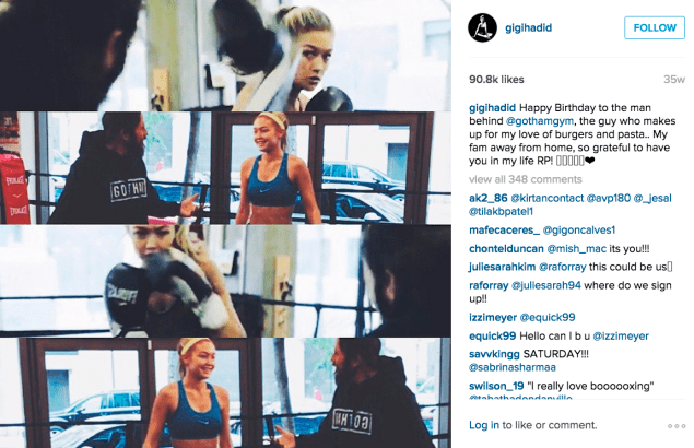 Gigi Hadid is a Gotham Gym regular. (Photo: Instagram/Gigi Hadid)