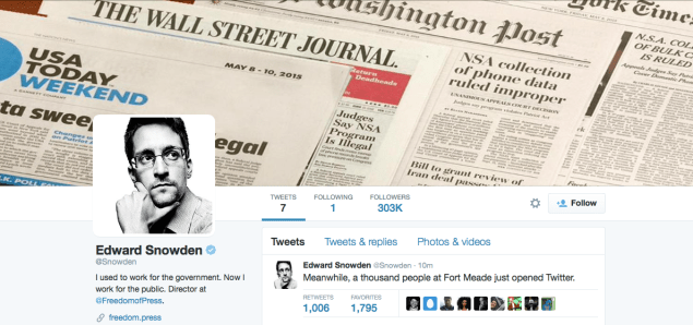 Edward Snowden already has more than 300K Twitter followers in less than 3 hours. (Photo: Twitter)