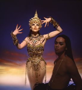 Susanne with Zaldy, headpiece from Thailand customized by Mr. Pearl, corset by Mr. Pearl, June 1991. (Photo: Joseph Astor)