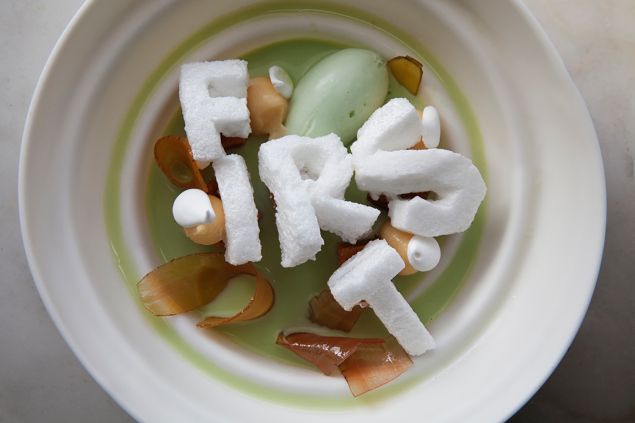 Carrot cake and sweet pea anglaise. (Photo: Celeste Sloman for Observer)