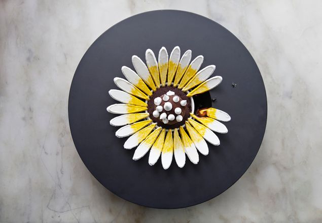 Meringue petals with ice cream center, meant to signify 'First Heartbreak.' (Photo: Celeste Sloman for Observer)