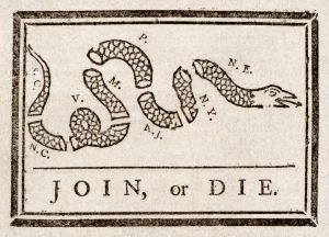 One of the first cartoons published in America by Benjamin Franklin.