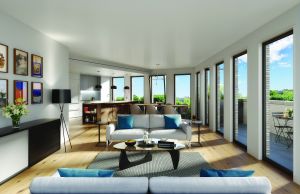 A rendering of a living room in the new development. (DXA Studio)