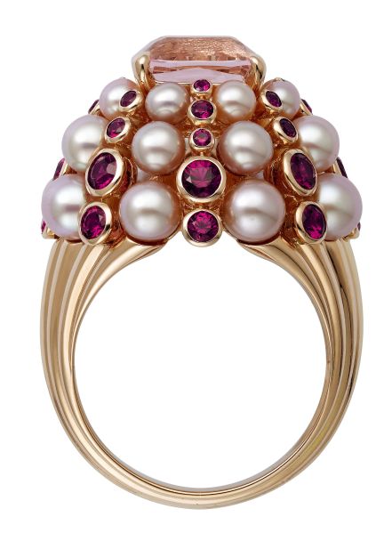 Cartier Paris Nouvelle Vague Ring, 18K Rose Gold, Morganite, Spinels, Cultured Freshwater Pearls, $23,700, Cartier.us. (Photo: Vincent Wulveryck/Cartier).