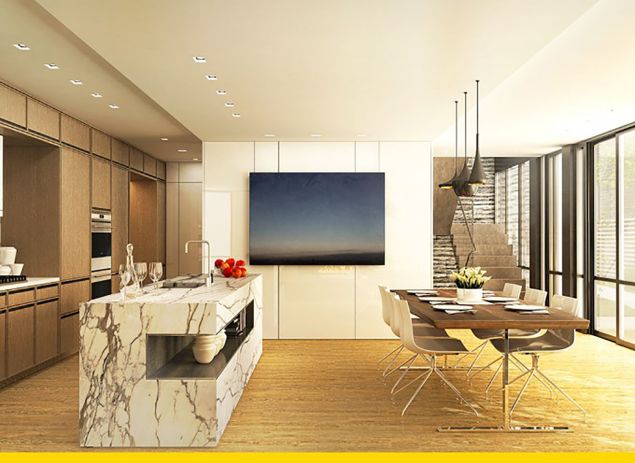 A kitchen in one of the Printing House townhouses at 421 Hudson.