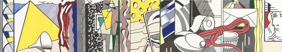 Roy Lichtenstein's Final study for Greene Street Mural, 1983 Cut-and-pasted printed and painted paper, india ink, gouache, pencil and synthetic polymer paint on paper 17 x 56 1/8 inches (43.2 x 143 cm) The Museum of Modern Art, New York, NY U.S.A. © Estate of Roy Lichtenstein. Digital Image © The Museum of Modern Art/Licensed by SCALA / Art Resource, NY. Courtesy Gagosian Gallery.