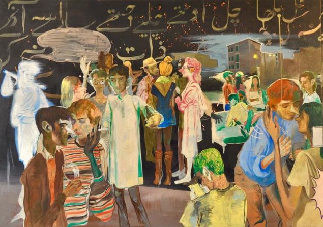 Salman Toor, Rooftop Party with Ghosts 1 (Triptych), 2015. (Photo: Courtesy Aicon Gallery)